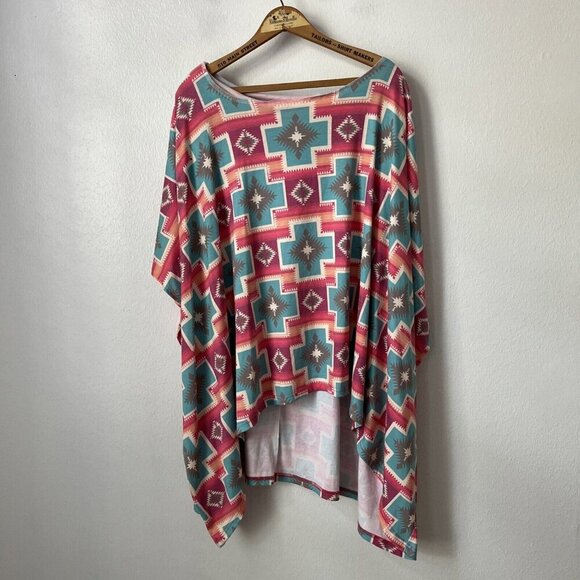 Plus size southwestern print boutique top shawl boxy hi‎ low hem colorful 2XL - Picture 1 of 3